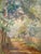 Antique oil on board landscape in original carved gilt frame. Tonalist composition depicting a sun-dappled wooded path...