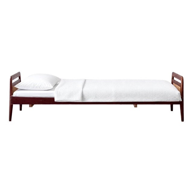 Swiss Form Teak Bed with Rattan Weave, Switzerland, 1950s For Sale