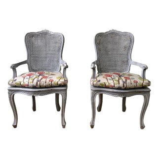 Antique Painted French Cane Chairs With Custom Removable Cushions- Set of 2 For Sale