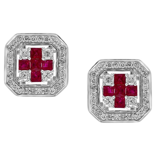 Princess Cut Natural Ruby and Diamond Stud Post Earrings 14 Karat White Gold For Sale - Image 15 of 18