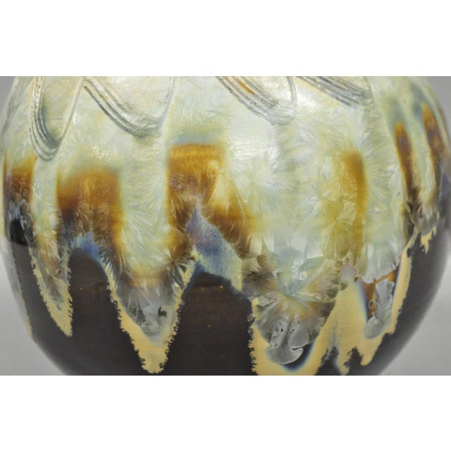 Vintage Mid Century Modern Brown Drip Glazed Bulbous Ceramic Pottery Studio Artisan Crafted Round Enameled Vase with...