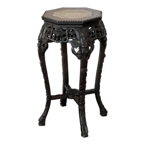 Late 19th Century Antique Carved Chinese Rosewood With Marble Insert Side Table