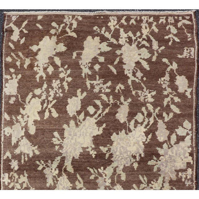 Mocha vintage Turkish Oushak rug with free-flowing green and cream flower blossoms, Keivan Woven Arts / rug EN-112392,...