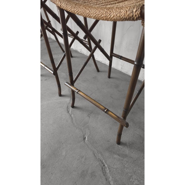 Set of 4 Metal Faux Bamboo and Rope Bar Stools For Sale - Image 9 of 9