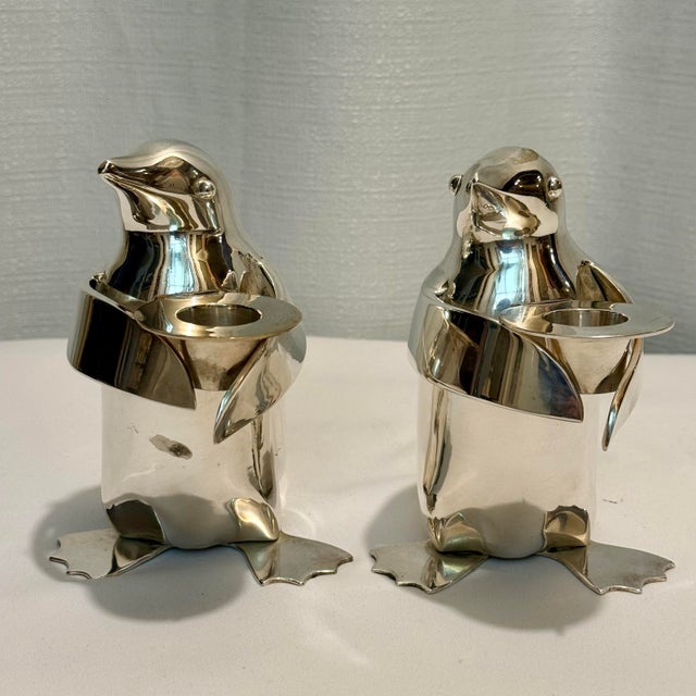 Art Deco 1990’s Restoration Hardware Silver Plated Penguin Candle Stick Holders - A Pair For Sale - Image 3 of 11