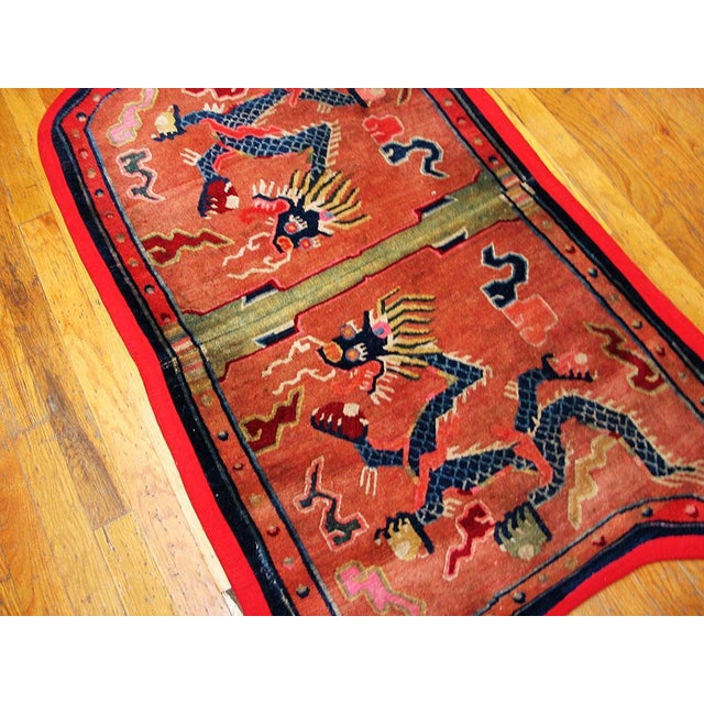Chinese 1930s Red Persimmon Dragon Antique Chinese Tibetan Saddle Cover Rug 2'6" X 4'2" Wool Carpet For Sale - Image 3 of 6