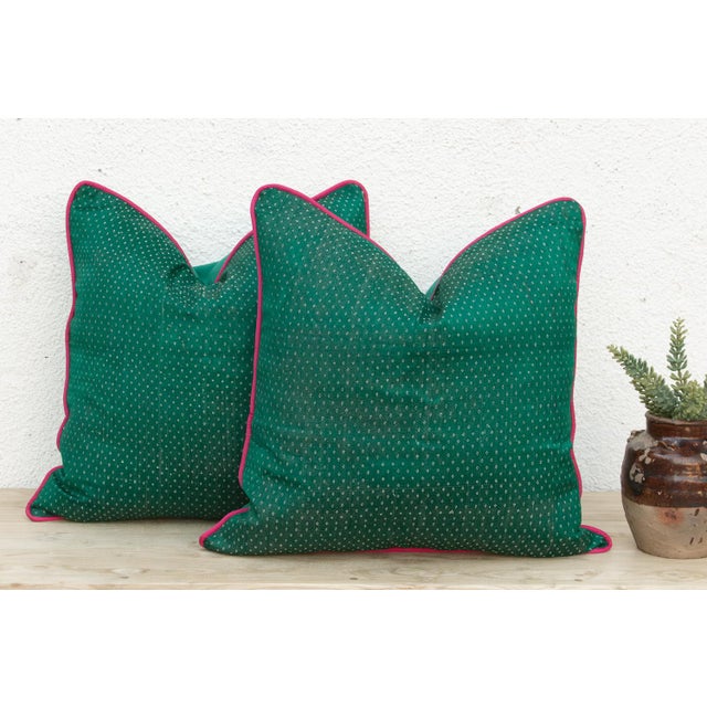 Textile Pair of Pala Green Dotted Ahir Handloom Pillows For Sale - Image 7 of 7
