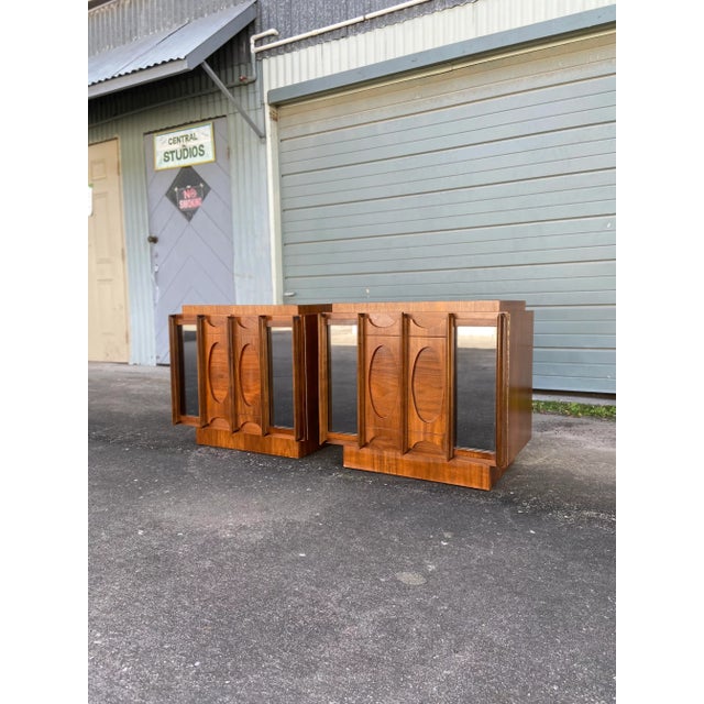 Pair of Mid Century Modern Brutalist Nightstands + Inset Smoked Mirrors | by Tobago For Sale - Image 4 of 13
