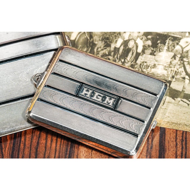 Fantastic Art Deco Engine Turned Sterling Silver Enamel Antique Cigarette Case and Vesta Tobacciana For Sale - Image 11 of 15
