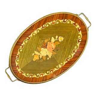Vintage Italian Floral Marquetry Tray With Brass Gallery For Sale