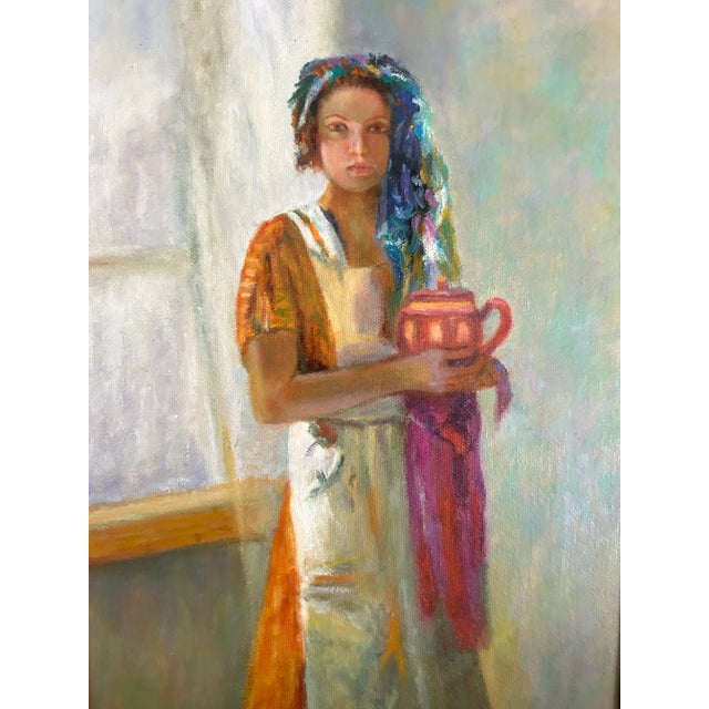 Original Oil Painting Portrait of a Young Woman Holding a Teapot in Gold Frame For Sale - Image 4 of 5