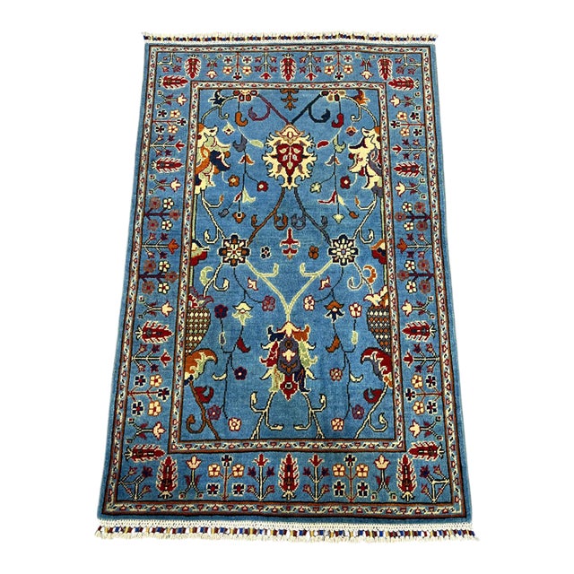 Blue Sultani Persian Style Floral Area Rug, 3'2" X 4'11" For Sale