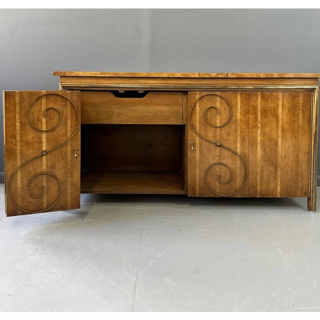 1950s Neoclassical Revival Sideboard in Pecan and Burl With Brass Scroll Details For Sale - Image 4 of 13