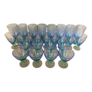 Vintage Italian Bormioli Rocco Bahia Blue & Green Goblets. Service for 8 - 24 Pieces + 1 (Water, Iced Tea, Champagne/Sherbet - 25 pcs For Sale