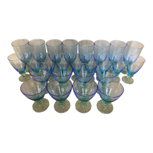 Vintage Italian Bormioli Rocco Bahia Blue & Green Goblets. Service for 8 - 24 Pieces + 1 (Water, Iced Tea, Champagne/Sherbet - 25 pcs