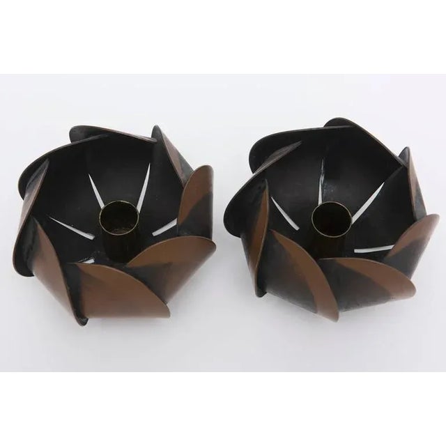 Mid-Century Modern Vintage Rebajes Sculptural Blackened Copper /Copper Modernist Candlesticks MCM For Sale - Image 3 of 9