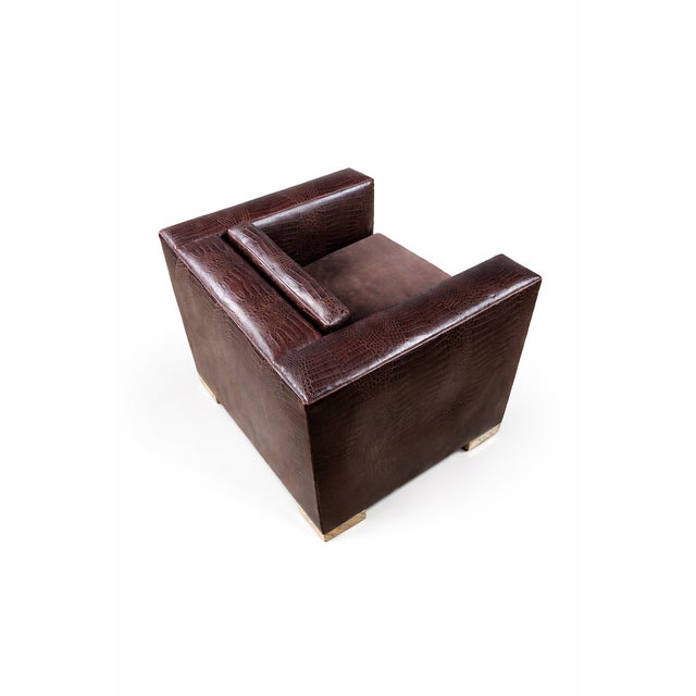 Pair of Sculptural Crocodile-Embossed Leather Club Chairs W/ Metal Plinth Bases For Sale In Los Angeles - Image 6 of 8