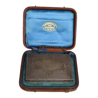 Antique Victorian Silverplate Card Case & Clutch With Chain Handle, Engraved Memorial Inscription For Sale
