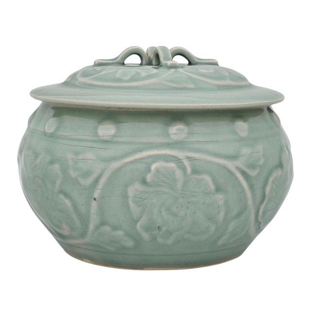 VTG Chinese Longquan Style Celadon Lidded Jar Relief Floral Round Form 8" For Sale - Image 4 of 13