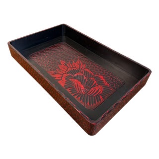 Japanese Wooden Tray with Floral Motif, 1960s For Sale