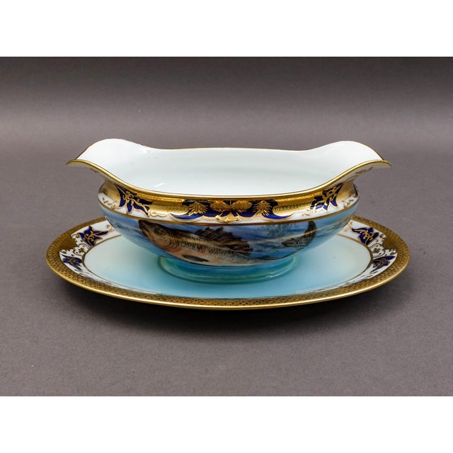 Noritake Mid 20th Century Noritake Japan Hand Painted Fish Trout Gravy Sauce Boat & Attached Underplate For Sale - Image 4 of 11