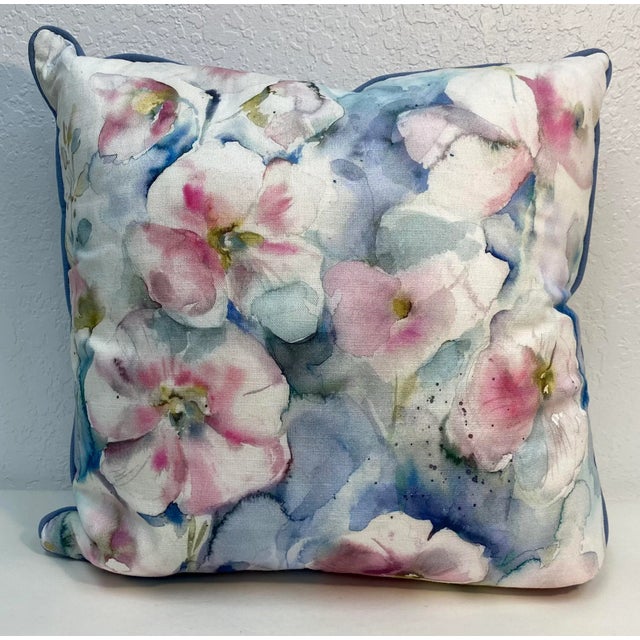 Pair of 20 “ Square Pillows With a Pink and White Floral Print - Made in U K For Sale - Image 4 of 12