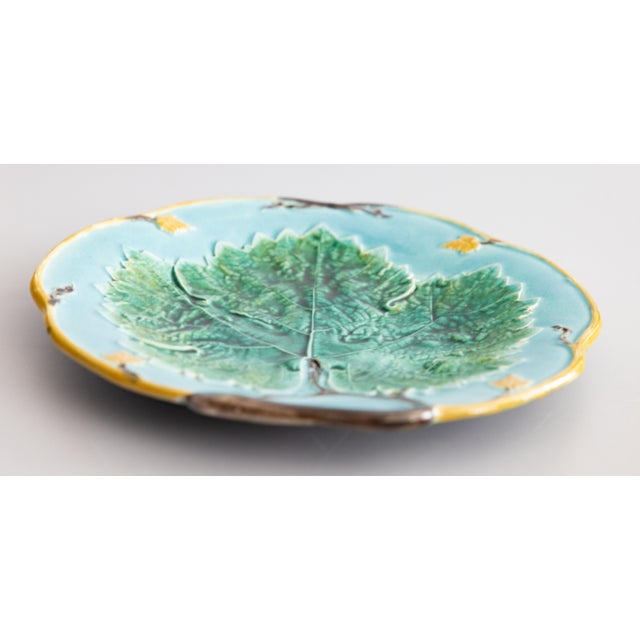 Farmhouse Antique English Joseph Holdcroft Turquoise Majolica Green Leaf Plate, Circa 1880 For Sale - Image 3 of 6