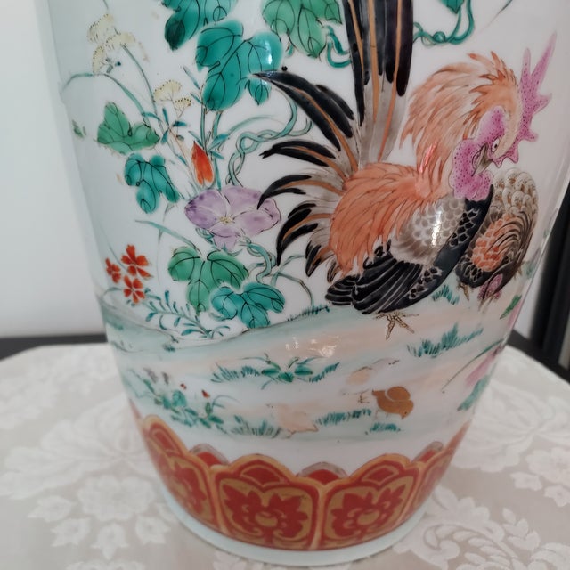 Vintage Large Chinoiserie Vase Hand Painted Rooster Hen Floral Gilded 16" Tall Signed For Sale - Image 14 of 18