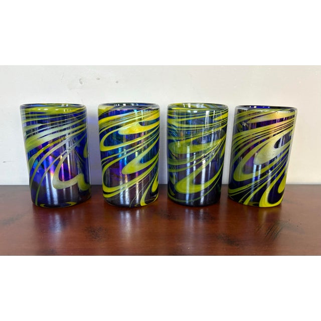 Late 20th Century Hand Blown Glass Tumblers – Set of 4 Cobalt Blue Swirl Cups – Modern Studio Art Glass Drinkware For Sale In Indianapolis - Image 6 of 9