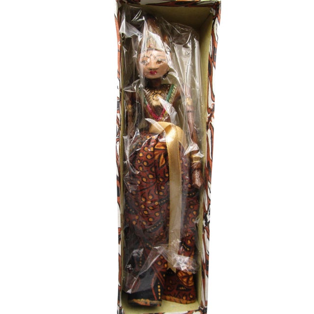 Rustic Vintage Handcrafted Wooden Wayang Golek Miniature Rod Puppet Ornaments Traditional Batik Clothing a Set of Five For Sale - Image 3 of 8