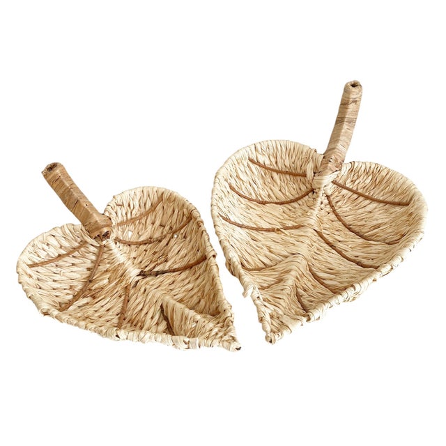 Rustic 2 Woven Leaf Baskets - Rustic Bohemian Wall Decor or Tabletop Catch All For Sale - Image 3 of 7