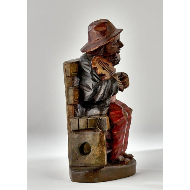 Vintage Wood Carving of a Peasant Fiddler Seated on a Bench For Sale - Image 4 of 13