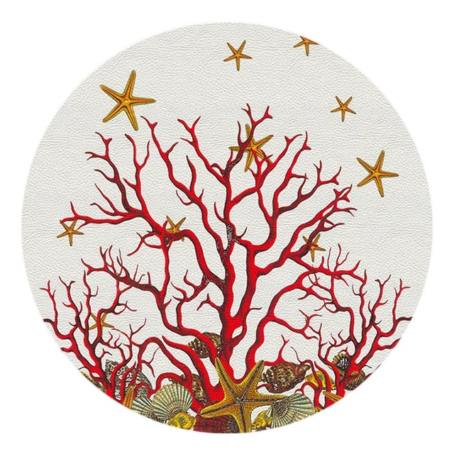 Coral Reef Vegan Leather Round Pebble Placemat, White Red, Set of 4 For Sale