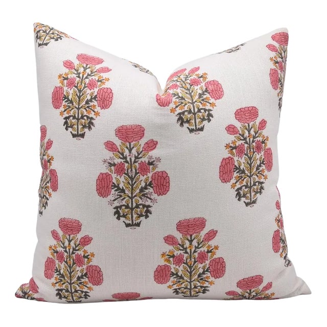 Fabdivine Floral Block Print Pillow Cover 14x36 Off-White Linen-Swadesh For Sale