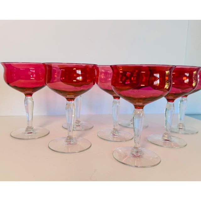 1960s Vintage 1960s Cranberry Iridescent Glass Coupe Stems, Set of 8 For Sale - Image 5 of 7
