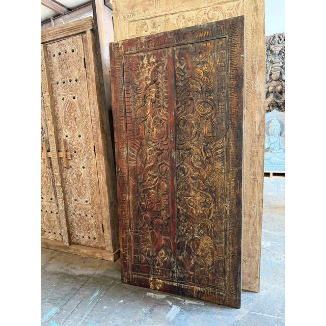 Antique Tree of Life Carved Wood Barn Door Panel – Rustic Peacock & Floral Motif For Sale - Image 11 of 11