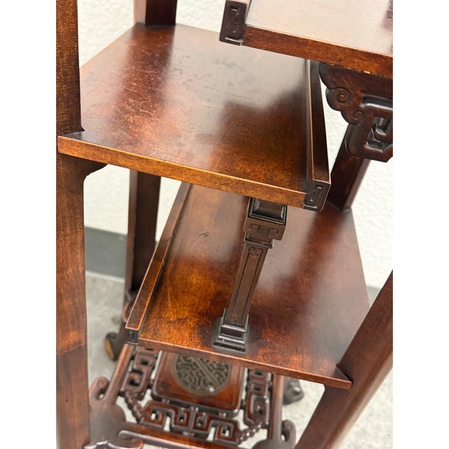 Stone Chinoiserie Carved Wood Tiered Marble Top Stand, Vintage For Sale - Image 7 of 12
