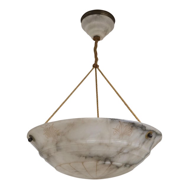 Early 20th Century Hand Carved French White+ Grey Alabaster W/Carved Detail, Alabaster Canopy +Cord For Sale