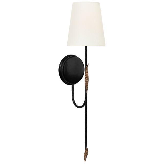 Traditional Thomas O'Brien for Visual Comfort Signature Kairos 27" Tail Sconce in Aged Iron and Roman Bronze with Linen Shade For Sale - Image 3 of 10