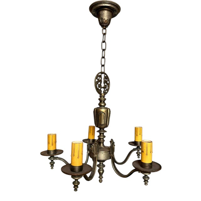 Vintage Five Light Pewter Patina Chandelier With Dragon Scrollwork For Sale - Image 9 of 9