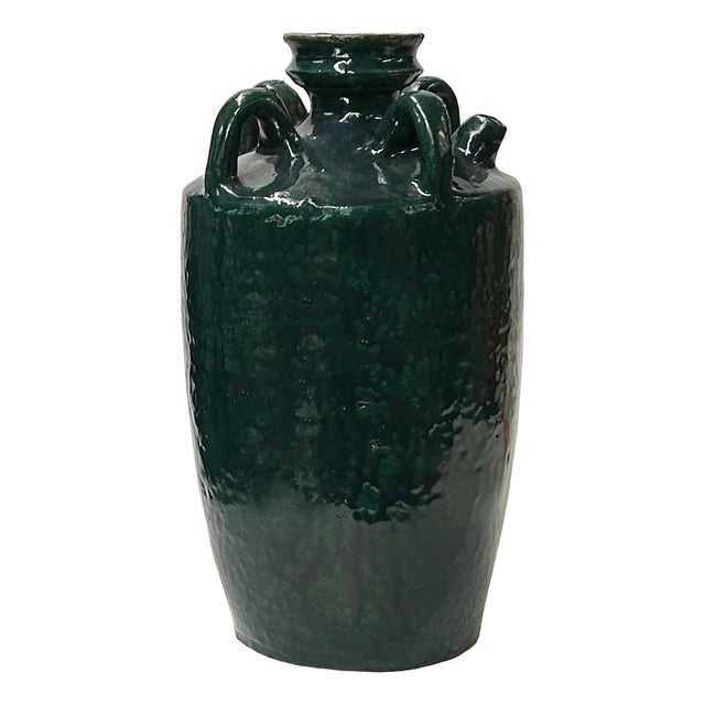 Vintage Dark Green Glaze Slim Round Jar Shape Pottery Ceramic Pot Vase For Sale