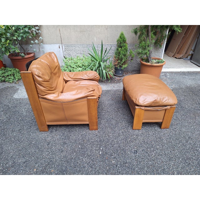 Set of Bergere Artona Armchair and Ottoman in Caramel Leather by Afra and Tobia Scarpa for Maxalto, 1970s, in Very Good...
