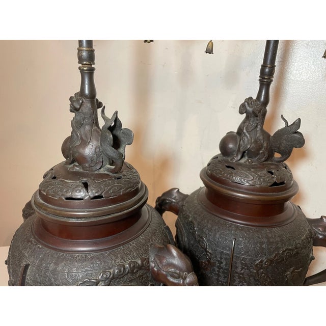Chinese Pair 2 Large Antique Chinese Lidded Incense Urns Vase Figural Bronze Table Lamps For Sale - Image 3 of 14
