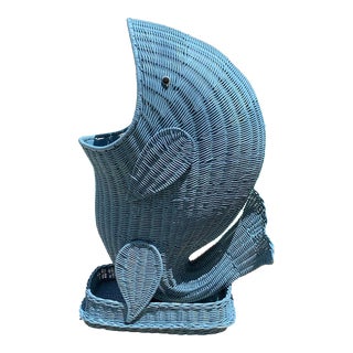 Vintage Wicker Whale Basket Towel Bin in French Blue For Sale