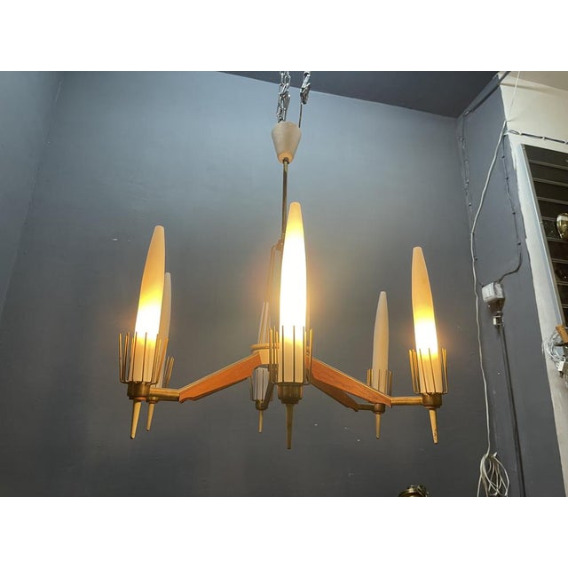 Vintage Italian Walnut Veneer and Opaline Glass Six-Light Chandelier, 1950s For Sale - Image 15 of 18