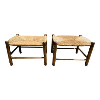 Vintage French Country Rush and Oak Stools/A Pair For Sale
