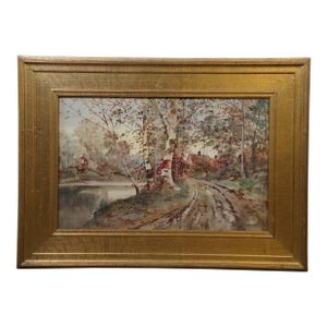 Late 19th Century Antique Louis Kinney Harlow Autumn Landscape Watercolor Painting 30", Framed