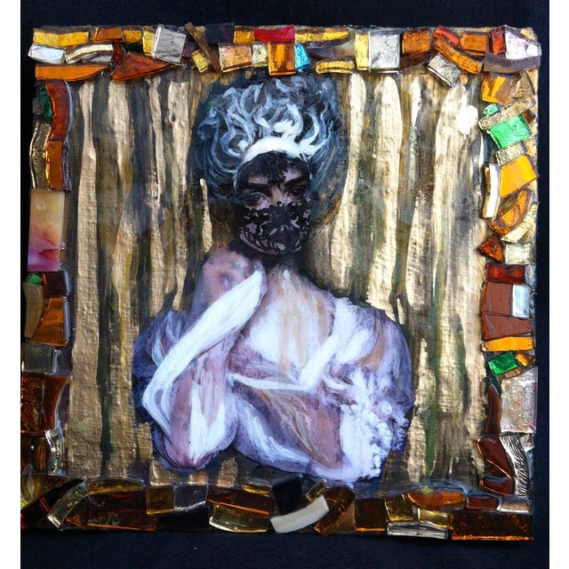 Bejewel #5 by Gabriella Di XX Miglia | Mixed media on canvas portrait of a woman with a mask For Sale