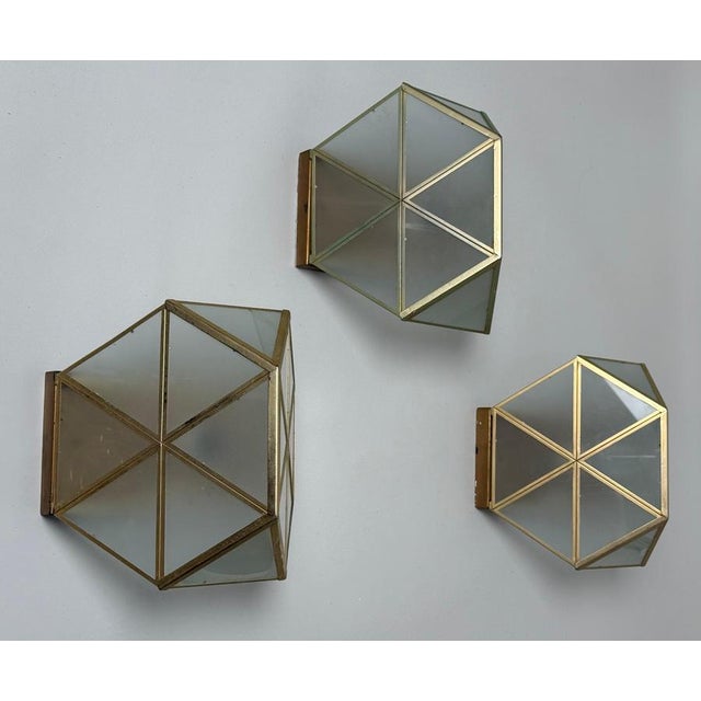 Gold and Satin Glass Geometic Wall Sconces by Wilhelm Vest Wahl, 1970s, Set of 3 For Sale - Image 6 of 16