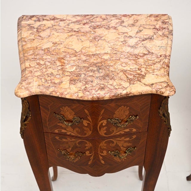Antique French Inlaid Marble Top Bedside Chests, 1900, Set of 2 For Sale - Image 4 of 11